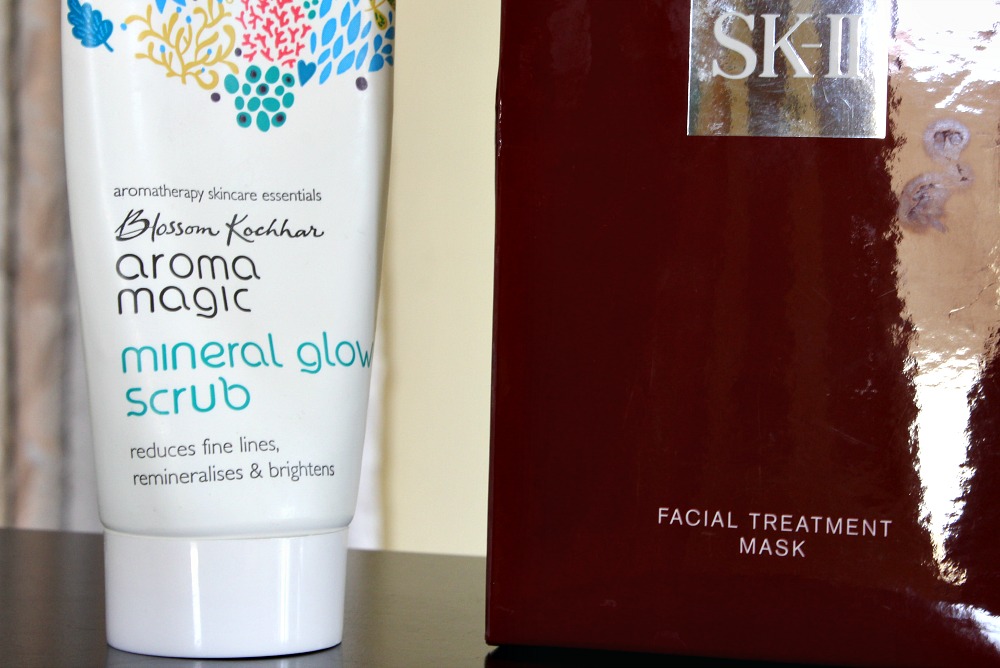 beauty products, SKII facial treatment mask, aroma magic mineral glow scrub