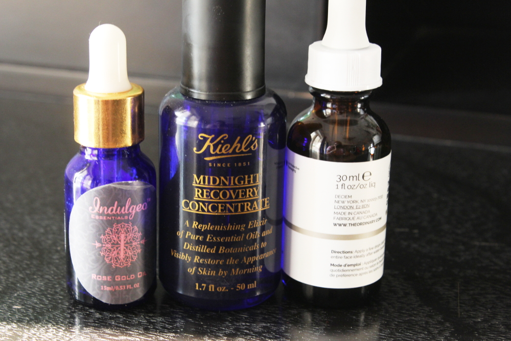 face oils, indulgeo rose gold oil, the ordinary squalene oil, kiehls midnight recovery concentrate