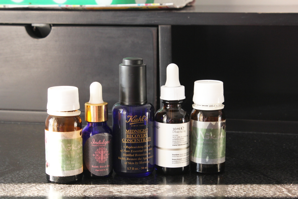 face oils, indulgeo rose gold oil, the ordinary squalene oil, kiehls midnight recovery concentrate, camellia oil, macadamia nut oil